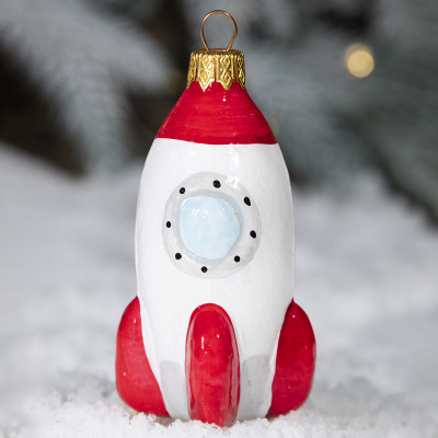 ФУ-775 Ёлочная игрушка 10см, декор "Космическая ракета", стекло,  в подарочной упаковке 