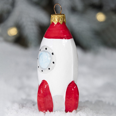 ФУ-775 Ёлочная игрушка 10см, декор "Космическая ракета", стекло,  в подарочной упаковке 
