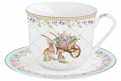 EL-R1182/SPBL Чайная пара:чашка 370мл с блюдцем 17см, Easy Life, Spring Bloom, декор пасхальный Кролики и цветы