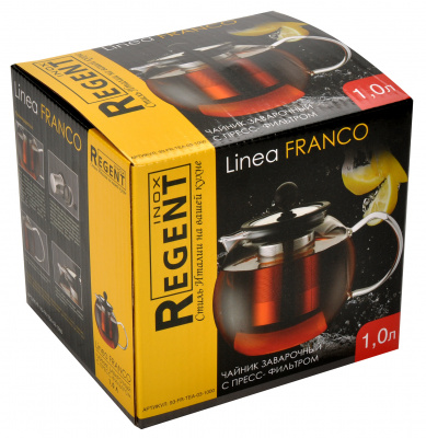 93-FR-TEA-03-1000 Чайник заварочный стеклянный 1л с прессом-фильтром Franco REGENT inox